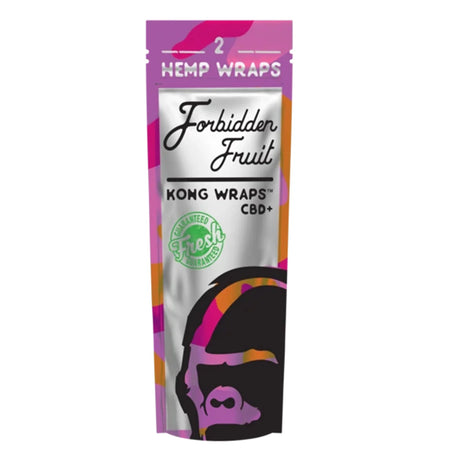 Packaging for Kong CBD Hemp Wraps, displaying a pink and orange design with the product name and count '2 HEMP WRAPS Forbidden Fruit' on the front.