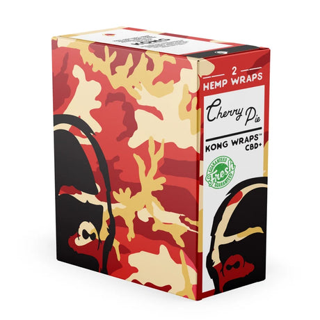 A box of Cherry Pie Hemp Wraps by King Wraps CBD+ on a clean white background. The packaging features a red, beige, and black camouflage pattern with stylized ape faces on the sides and a white label on the front.