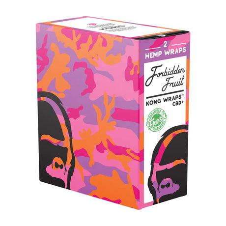 A box of Forbidden Fruit Hemp Wraps by Kong Wraps CBD, featuring a vibrant pink, purple, and orange camouflage pattern with stylized gorilla faces on a white background.
