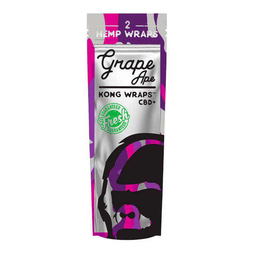 Packaging for Kong CBD Hemp Wraps, displaying a purple and pink design with the product name and count '2 HEMP WRAPS Grape Ape' on the front.