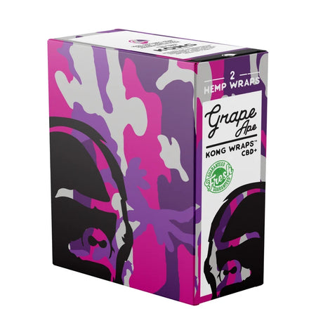 A box of Grape Ape Hemp Wraps by KONG WRAPS CBD+ on a plain white background. The packaging features a vibrant pink, purple, and gray camouflage pattern with stylized black silhouettes of faces and a white label on the side.