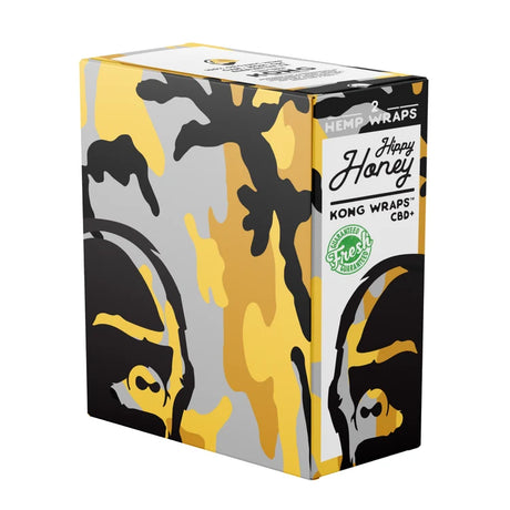 A box of Happy Honey Hemp Wraps Kong Wraps CBD, featuring a bold graphic design with yellow, black, and gray gorilla faces on a white background.