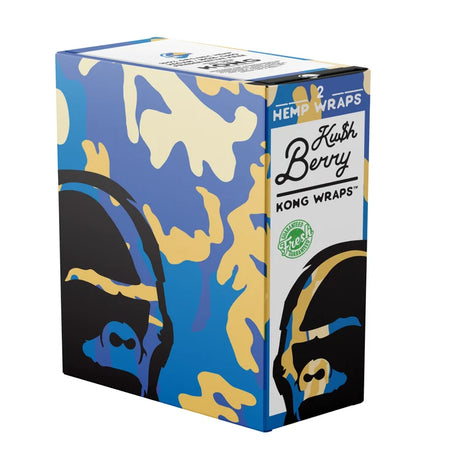 A box of Kush Berry Kong Wraps hemp wraps, featuring a blue and beige camouflage-style graphic design with stylized gorilla faces on the sides and a white label on the front.