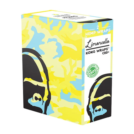 A box of Limancella Hemp Wraps KONG WRAPS CBD+ featuring a yellow and light blue camouflage pattern with stylized black and blue graphic faces on the sides.