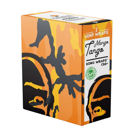 A box of Mango Tango Hemp Wraps by KONG WRAPS CBD+ on a plain white background. The packaging features a vibrant orange, yellow, and black camouflage pattern with stylized black silhouettes of faces and a white label on the side.