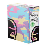 A box of Wedding Cake Hemp Wraps CBD by Kong Wraps, featuring a colorful pastel camouflage pattern with stylized black-and-pink illustrated faces on the sides.