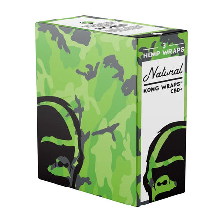 A box of Kong Wraps Natural Hemp Wraps CBD+ featuring a green camouflage pattern with black and lime green monkey faces on the sides, and a white label on the front.