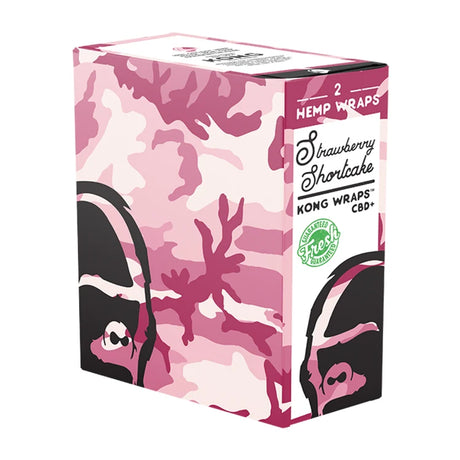 A box of Strawberry Shortcake Kong Wraps CBD+ hemp wraps, featuring a pink and light pink camouflage pattern with stylized cartoon faces in black and pink.