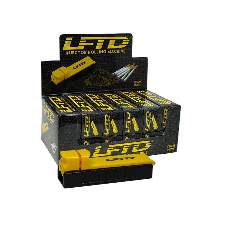 front view of the LFTD injector rolling machine display box. an easy to use machine for rolling and smoking.