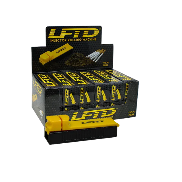 front view of the LFTD injector rolling machine display box. an easy to use machine for rolling and smoking.