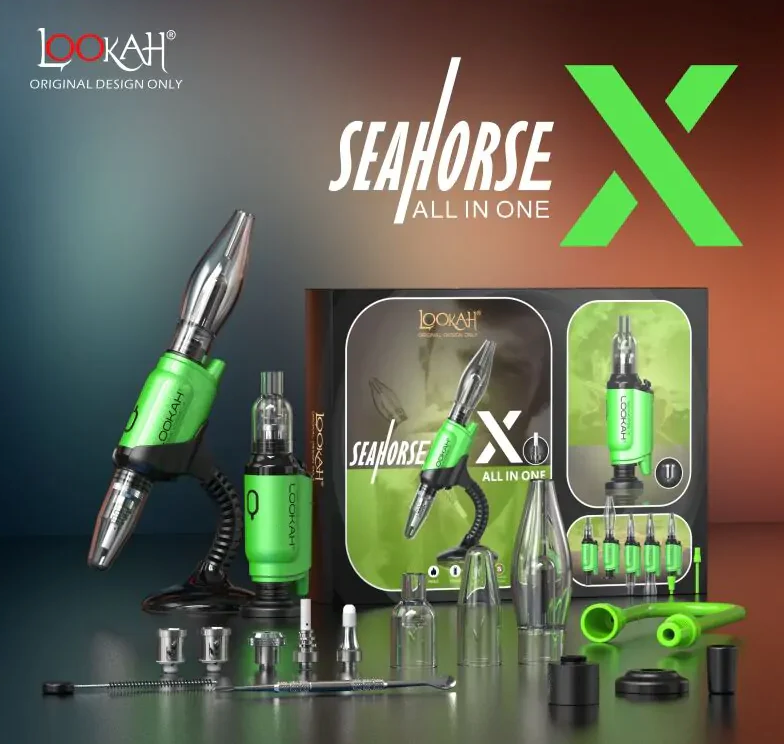 full product view of the Lookah Seahorse X in green. A multi use vaporizer that allows use as a concentrate vaporizer, concentrate straw, oil vaporizer, and e-nail. Made with a powerful battery for long term use.
