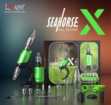full product view of the Lookah Seahorse X in green. A multi use vaporizer that allows use as a concentrate vaporizer, concentrate straw, oil vaporizer, and e-nail. Made with a powerful battery for long term use.