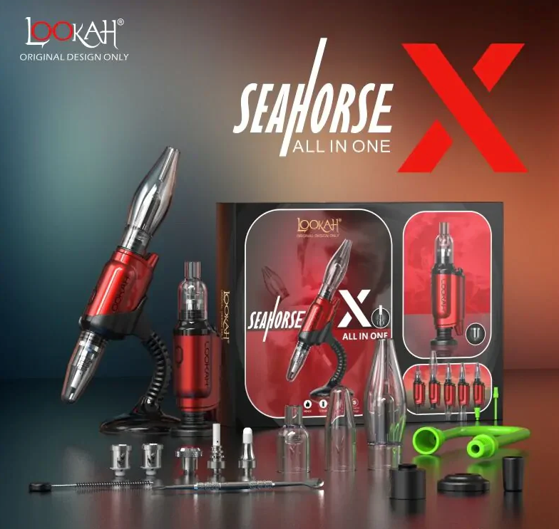 full product view of the Lookah Seahorse X in red. A multi use vaporizer that allows use as a concentrate vaporizer, concentrate straw, oil vaporizer, and e-nail. Made with a powerful battery for long term use.