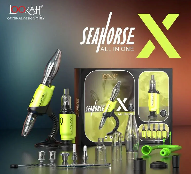 full product view of the Lookah Seahorse X in neon green. A multi use vaporizer that allows use as a concentrate vaporizer, concentrate straw, oil vaporizer, and e-nail. Made with a powerful battery for long term use.