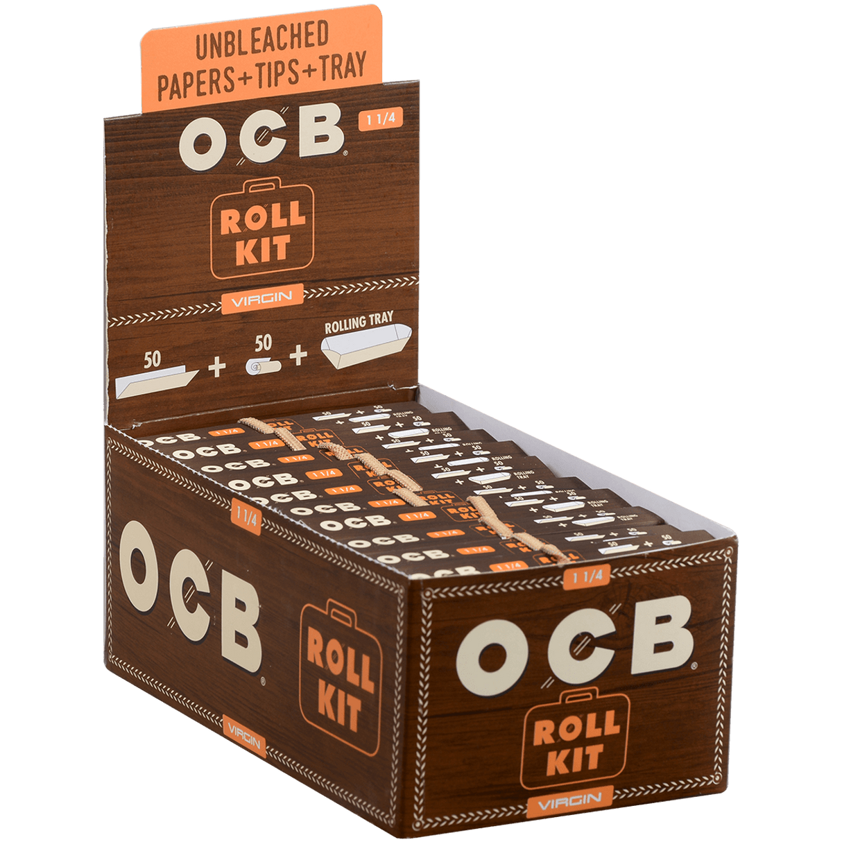 OCB Roll Kit w/ 1 1/4 Virgin Unbleached Papers,Tips & Tray 50ct 20pk