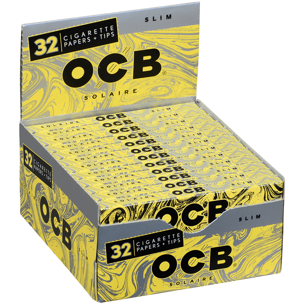 angle view of the OCB Solaire slim papers. Light weight tasteless papers made of natural materials for a premium elevated experience.