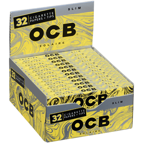 angle view of the OCB Solaire slim papers. Light weight tasteless papers made of natural materials for a premium elevated experience.
