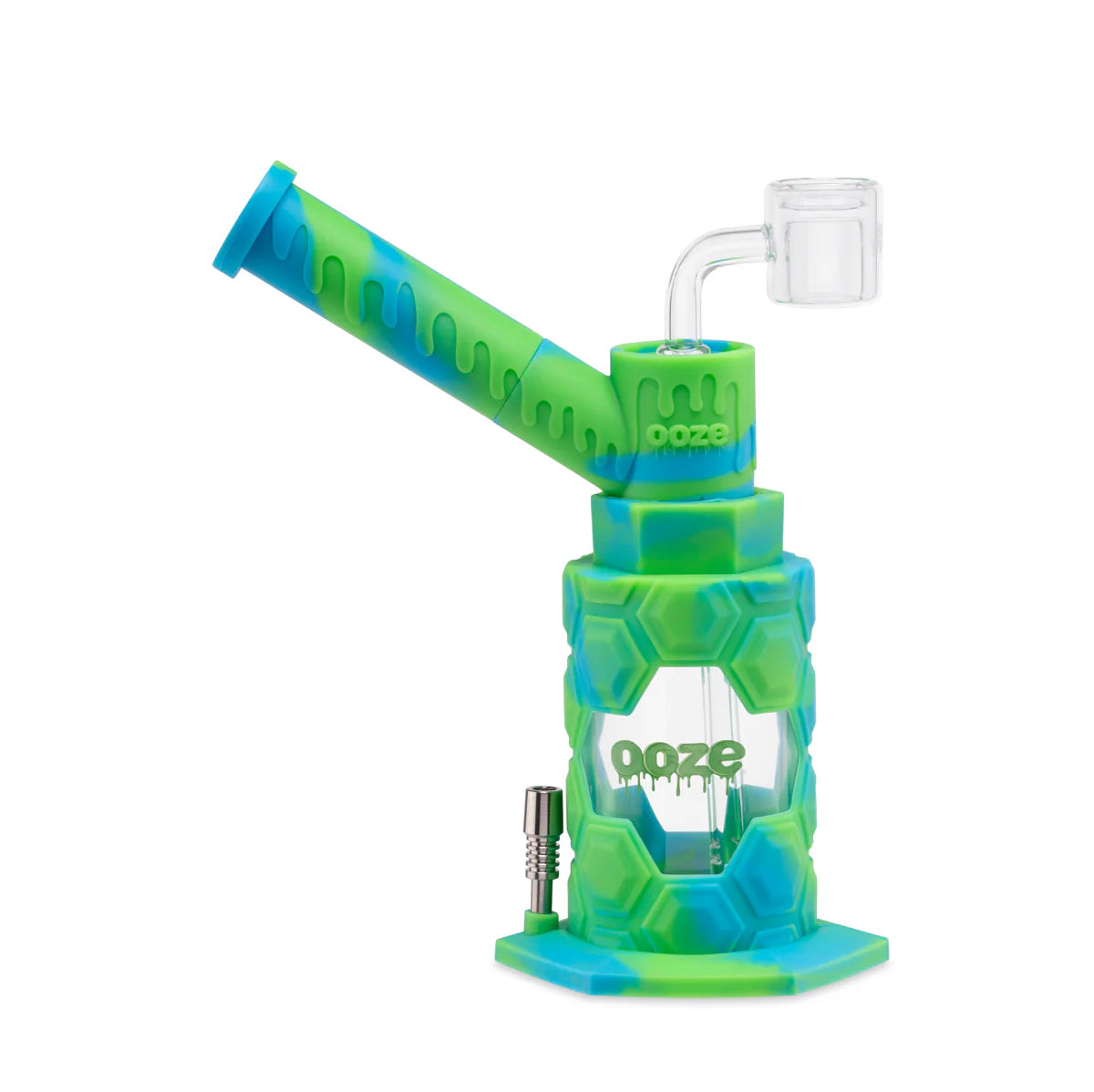 side view of the 4 in 1 Ooze Mojo water pipe in the Ooze's green and teal Spring Rain. A durable design with a quartz banger, dry herb bowl and nectar collector tip for convenience with any product.