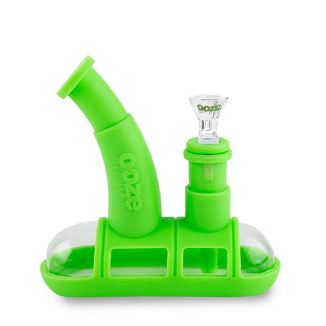 profile view of the ooze steamboat in green, a durable water pipe for both concentrate and dry herb. A popular item with universal compatibility.