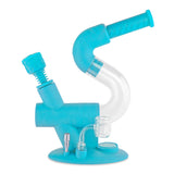 side profile of the Ooze swerve 4 in 1 in an Aqua Teal. A high quality Ooze product for dry herb, concentrates and pen oils all able to be used with the provided components.