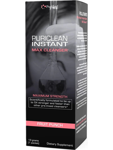front view of the fruit punch flavor of Puriclean Instant Max Cleaner. a strong detox solution for those needing same day clearing.