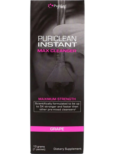 front view of the grape flavor of Puriclean Instant Max Cleaner. a strong detox solution with Purified's most concentrated solution.