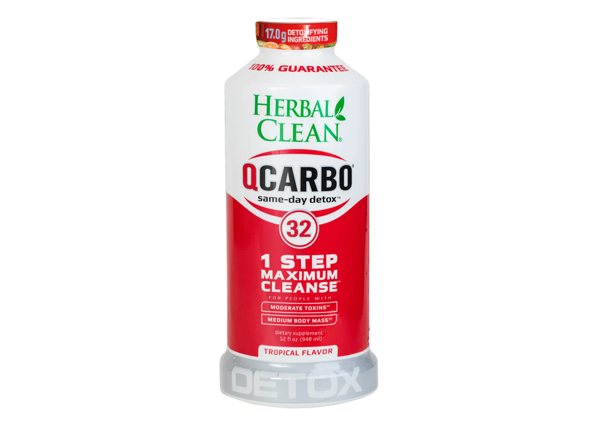 front view of the herbal clean QCarbo32 tropical flavored detox drink. A stronger formula for removing toxins with one drink.
