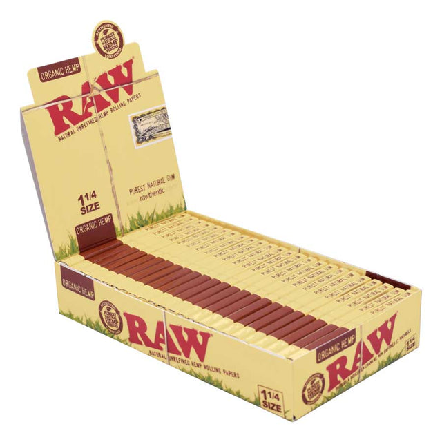 angled view of RAW organic display box rolling papers in 1 1/4 size. The gold standard in organic rolling papers for smoking by RAW.