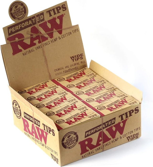 angled view of the RAW perforated wide tips display box. The standard for professionals for those who require quality by RAW.