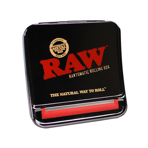 top view of the RAW Rawtomatic rolling box. A metal rolling machine for easy loading and is adjustable for skinny and thick cones.