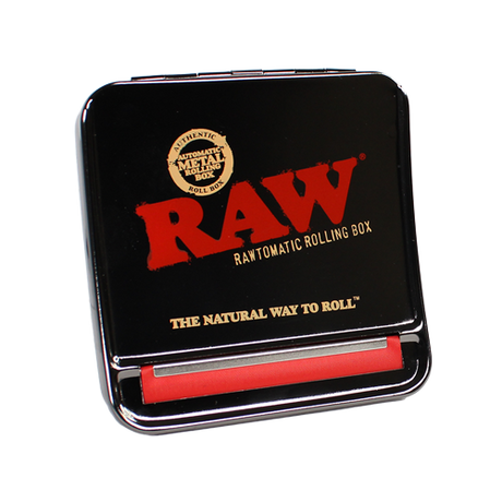 top view of the RAW Rawtomatic rolling box. A metal rolling machine for easy loading and is adjustable for skinny and thick cones.