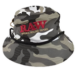 front view of the RAW Smokerman's bucket hat in a urban camo pattern. An official apparel item with storage areas for cones or poker tools. and made with quality materials.