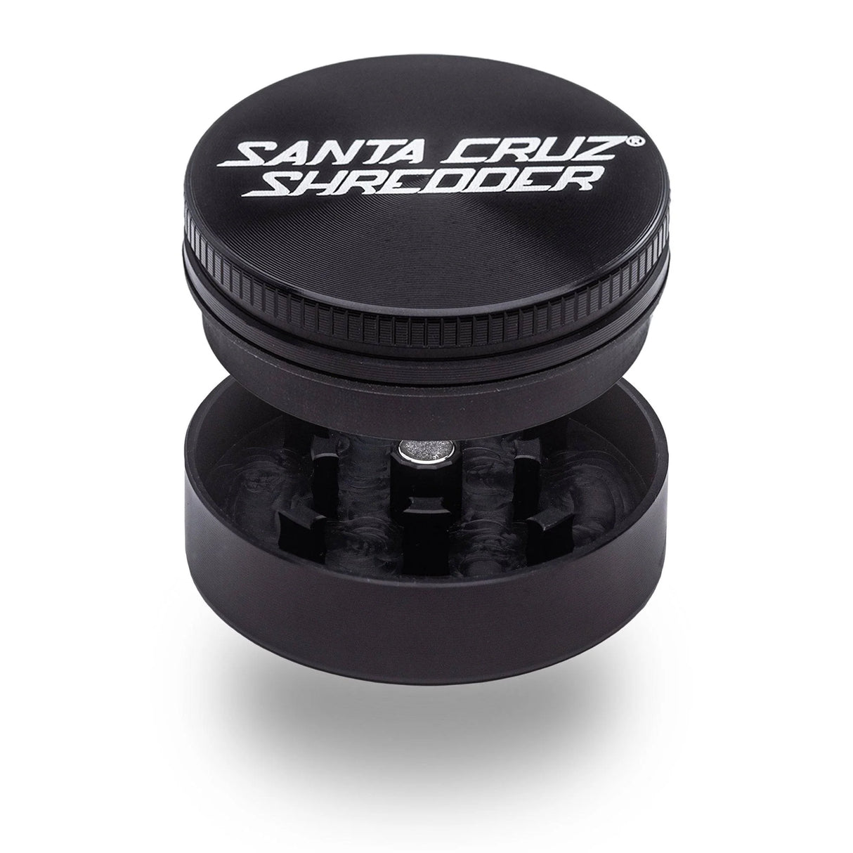 opened view of the 2 Piece Santa Cruz shredder grinder in black. A compact grinder for smokers who need to save on space but not on quality.