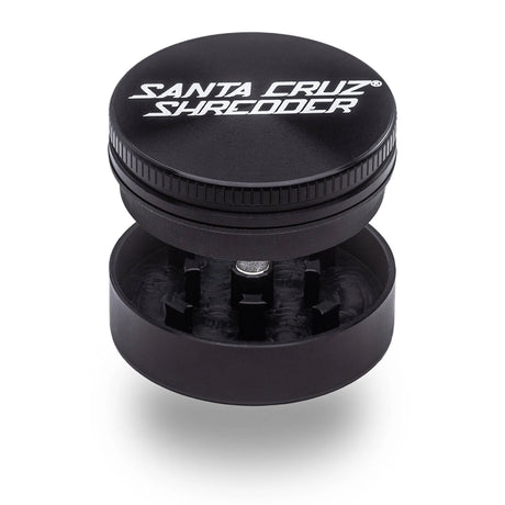 opened view of the 2 Piece Santa Cruz shredder grinder in black. A compact grinder for smokers who need to save on space but not on quality.