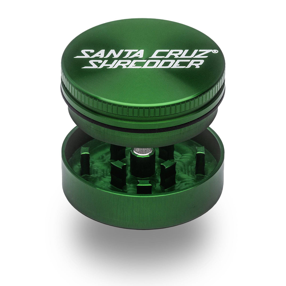 exploded view of the 2 Piece Santa Cruz shredder grinder in Emerald Green. A compact grinder for smokers who need to save on space but not on quality.