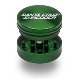 exploded view of the 2 Piece Santa Cruz shredder grinder in Emerald Green. A compact grinder for smokers who need to save on space but not on quality.