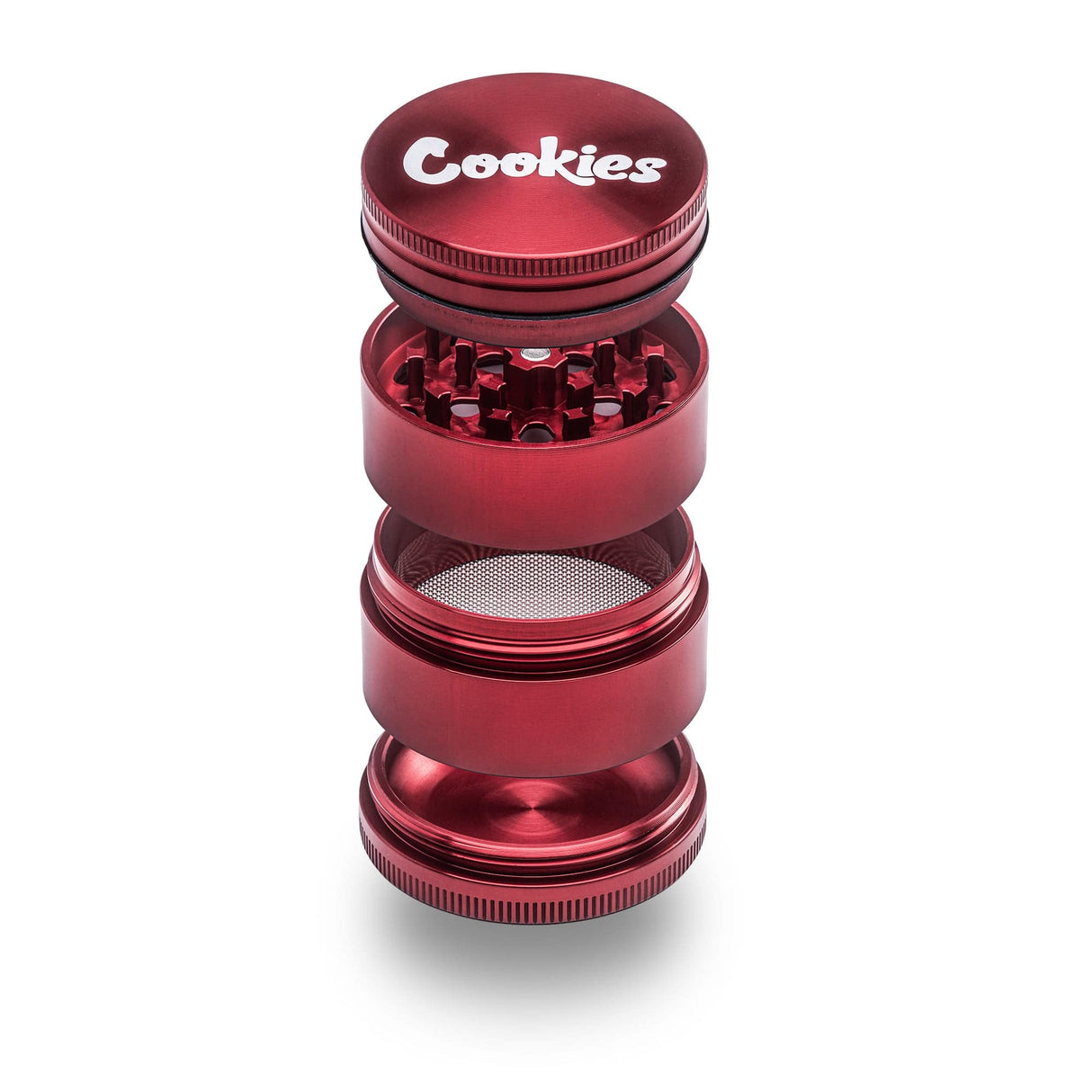 Exploded view of the Santa Cruz Shredder and Cookies collab herb grinder. A thoughtfully design grinder with patented teeth design to fluff up your herb and get the most out of your smoke.
