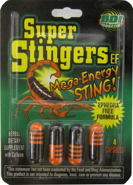 front view of the Super stinger ephedra free energy pill. a jitter free energy pill that give you plenty of energy.
