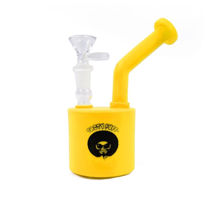 front view of the Tasty puff 7 cylinder dab rig in yellow. A unique filtration system for smooth and focused hits every time.