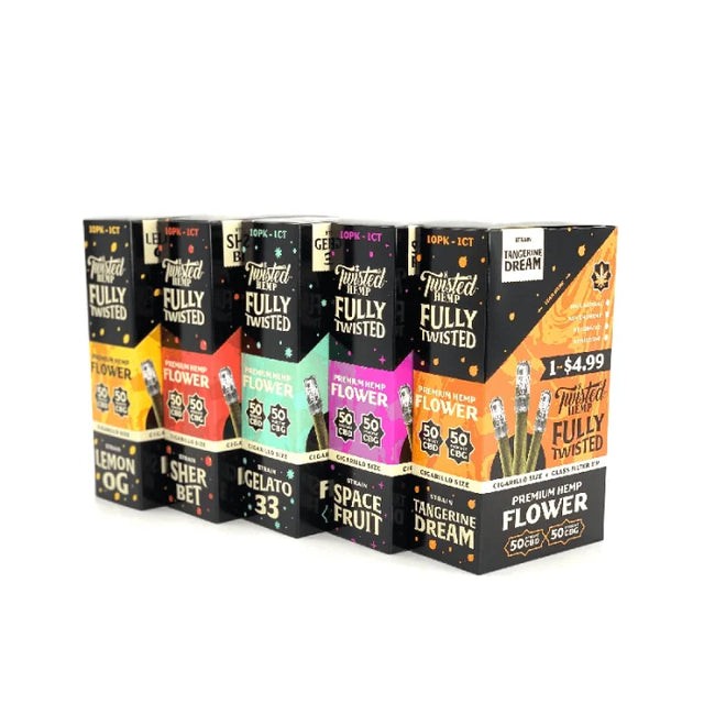 side view of the twisted hemp pre rolls. made with diverse and complex flavors for a new smoking experience.