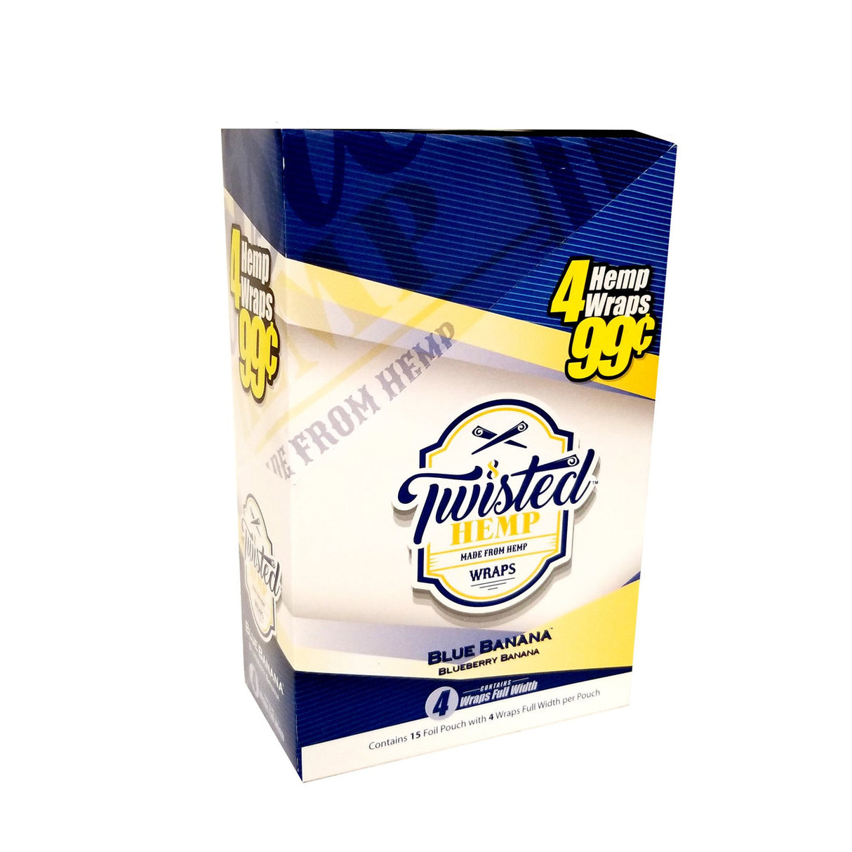 front view of the twisted hemp organic wraps display box. An organic option for those who want flavorful smoking experience. Made with natural hemp with a blueberry banana flavor.