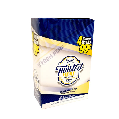 front view of the twisted hemp organic wraps display box. An organic option for those who want flavorful smoking experience. Made with natural hemp with a blueberry banana flavor.