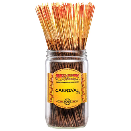 front view of the wild berry amber stalked Carnival incense stick. A festive aroma of fruit, citrus and jasmine. all made in the USA and with premium oils.