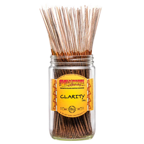 front view of the white stalked Clarity incense from Wild Berry. Dipped with premium oils of bright citrus zest and herbal notes for a spa-like fragrance.