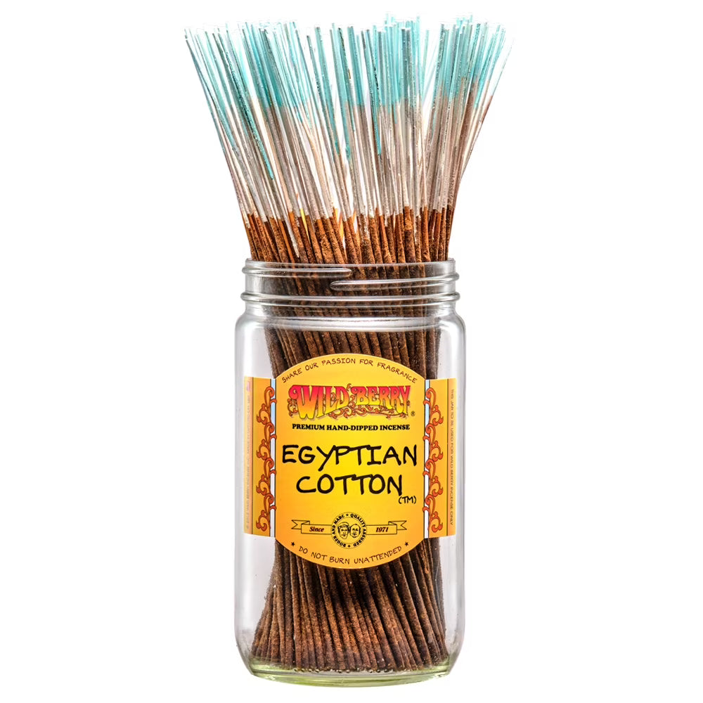 view of the blue and white stalked Wild Berry Egyptian Cotton incense sticks. A product carrying the aroma of clean linen and sun dried cotton.