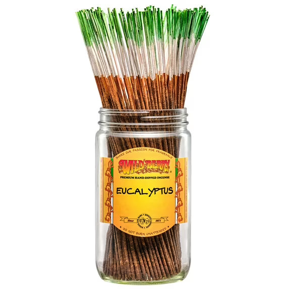 view of the green and white incense sticks of Wild Berry's Eucalyptus incense. 