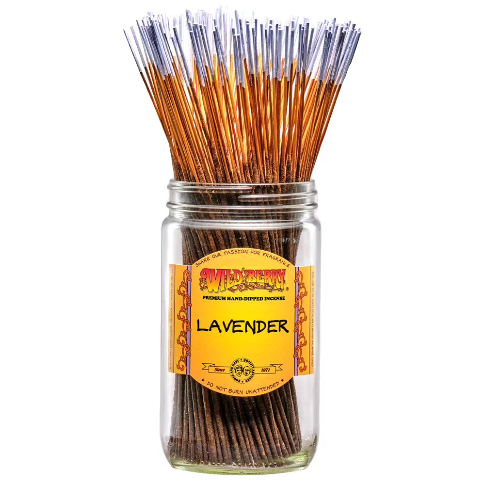 front view of the 100 count jar lavender incense by Wild Berry. A stress relieving aroma with sweet floral undertones.