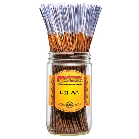 front view of the wild berry lilac 100 count jar. A double dipped hand made incense stick with heady sweet smells of fresh cut lilac blossoms.