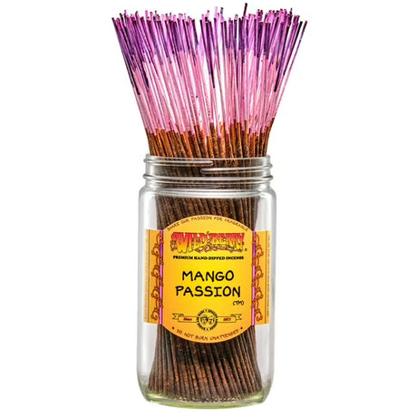 front view of the pink and purple Mango Passion incense. This hand dipped incense give off fragrances of sun ripened mangoes and exotic passion fruit. 