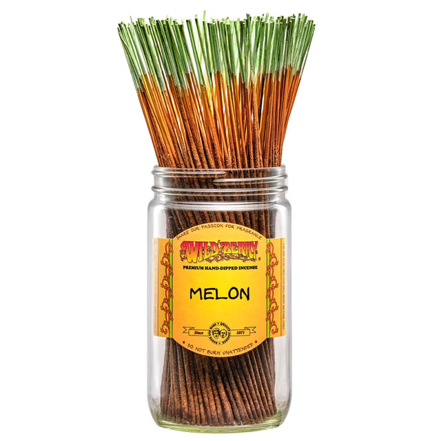 view of the green sticks of Wild Berry Melon Incense sticks. A high quality aroma product with scents of honeydew and sweet cantaloupe.